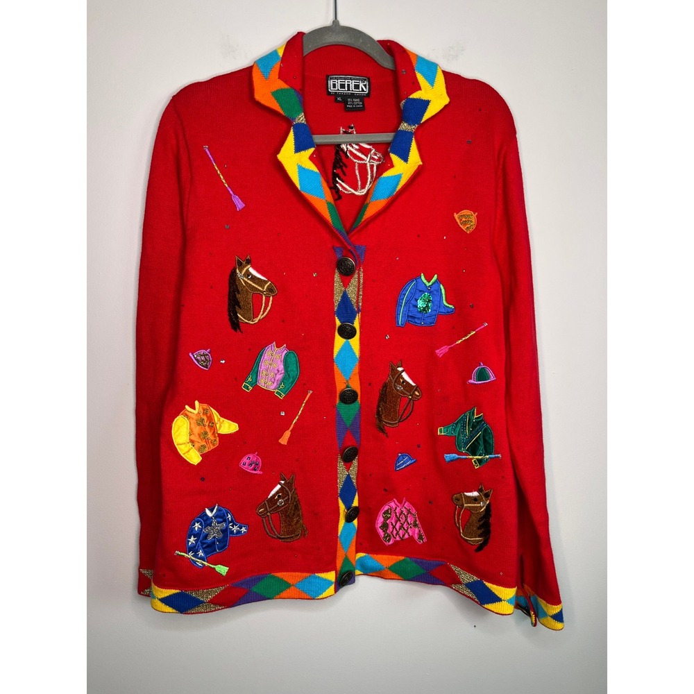 Berek Rainbow Maximalist Horses Racing Equestrian Derby Jock Polo Cardigan XL